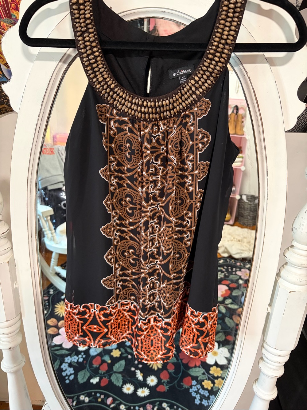 le chateau Black Tank Top with Brown Beaded Neckline and Orange Trim